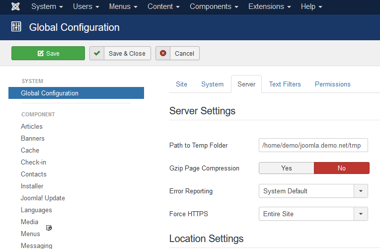 Joomla HTTPS Setting Page